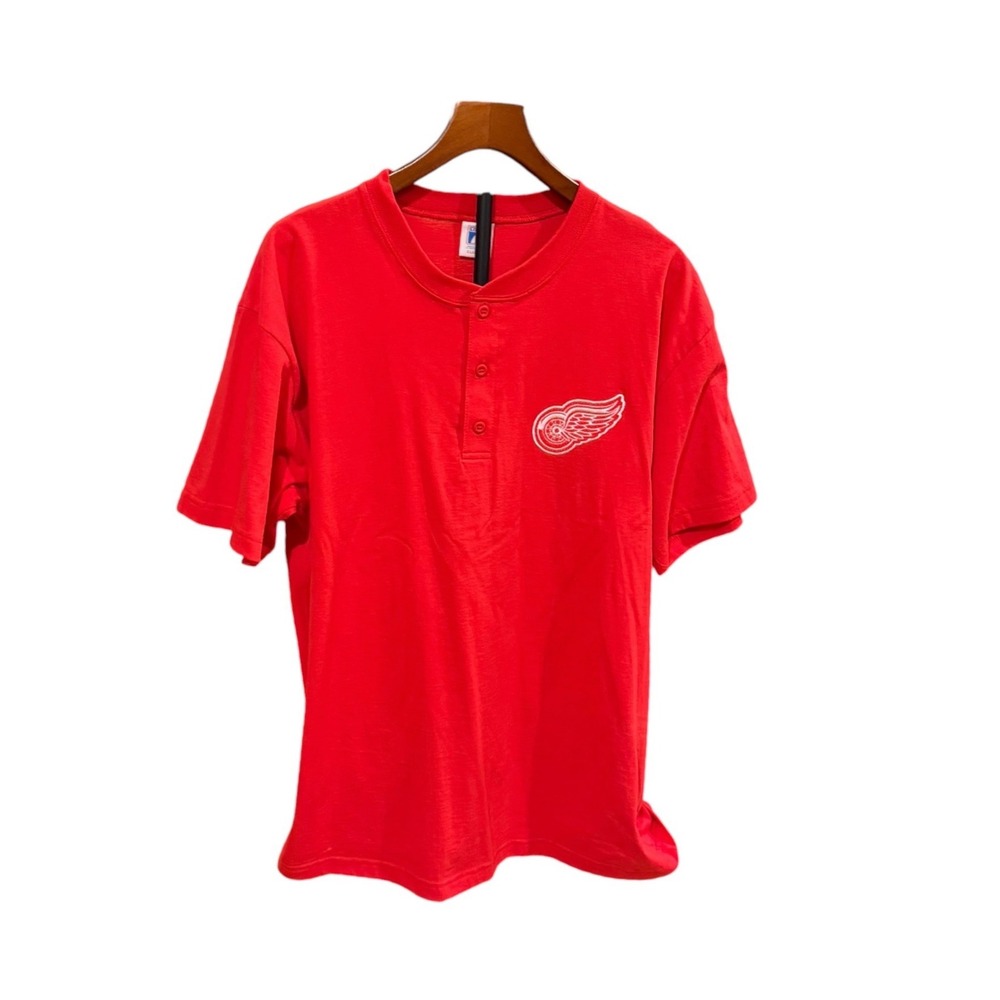 Vintage 80s Logo 7 Detroit Red Wings Henley T-Shirt Red NHL Mens XL Short Sleeve